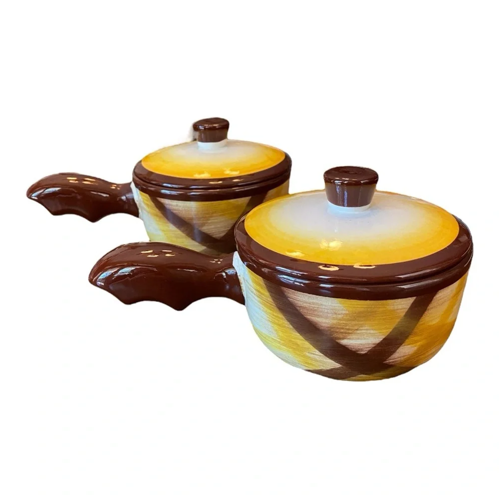 VTG Vernonware Organdie Covered Soup Bowls Handles Lids Set of 2 CA Pottery